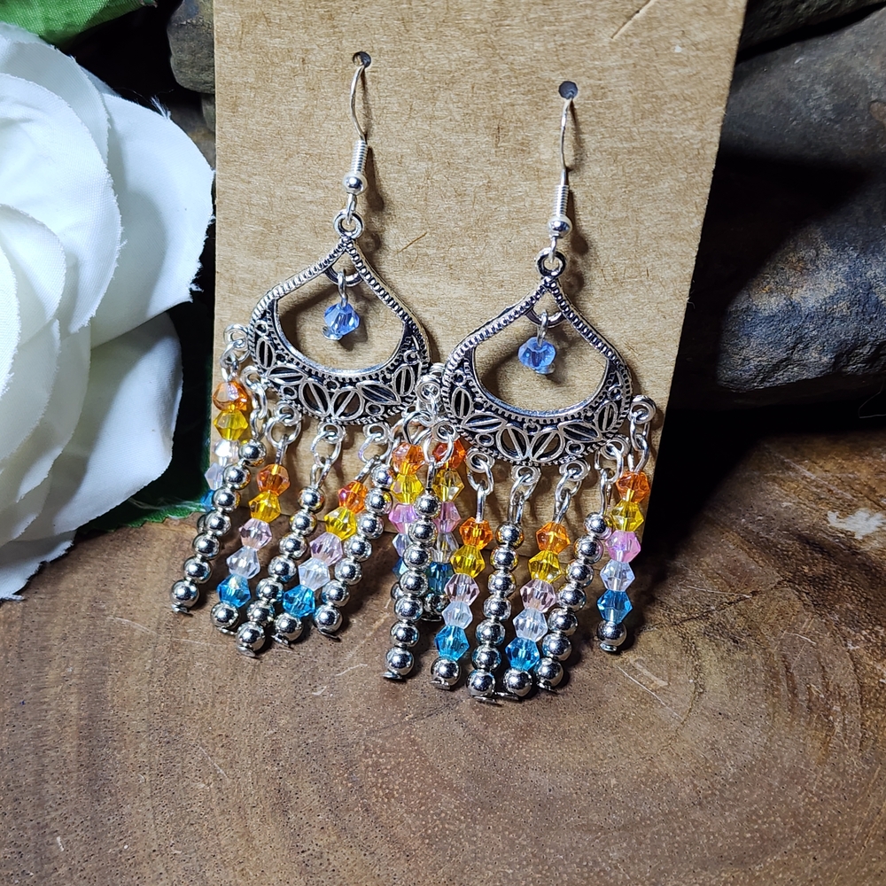 Hand Crafted Boho Silver Toned Earrings  With Multicolored Glass Cystal Beads